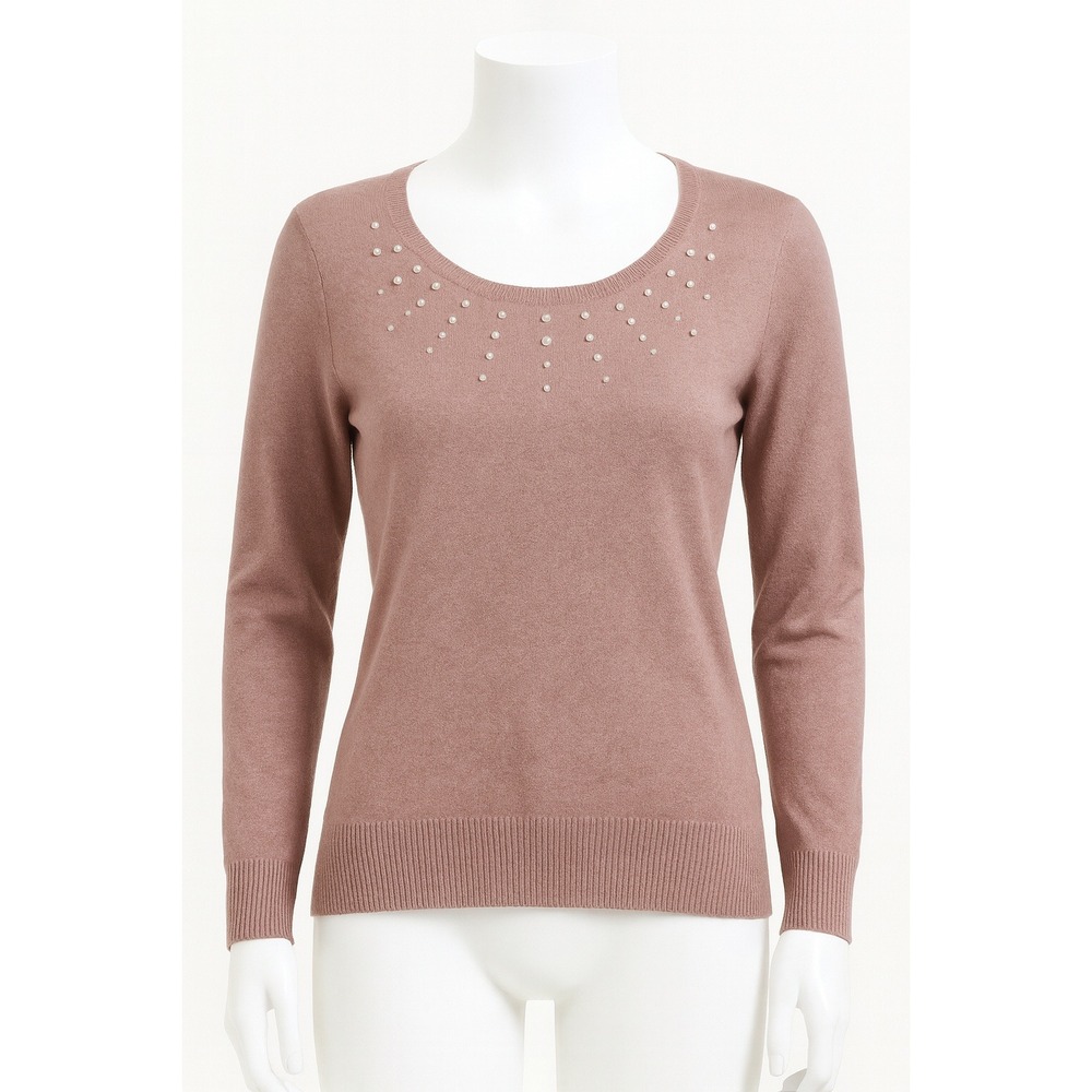 Carolyn Taylor Pearl Embellished Sweater Size M Pink Scoop Neck Knit Long Sleeve